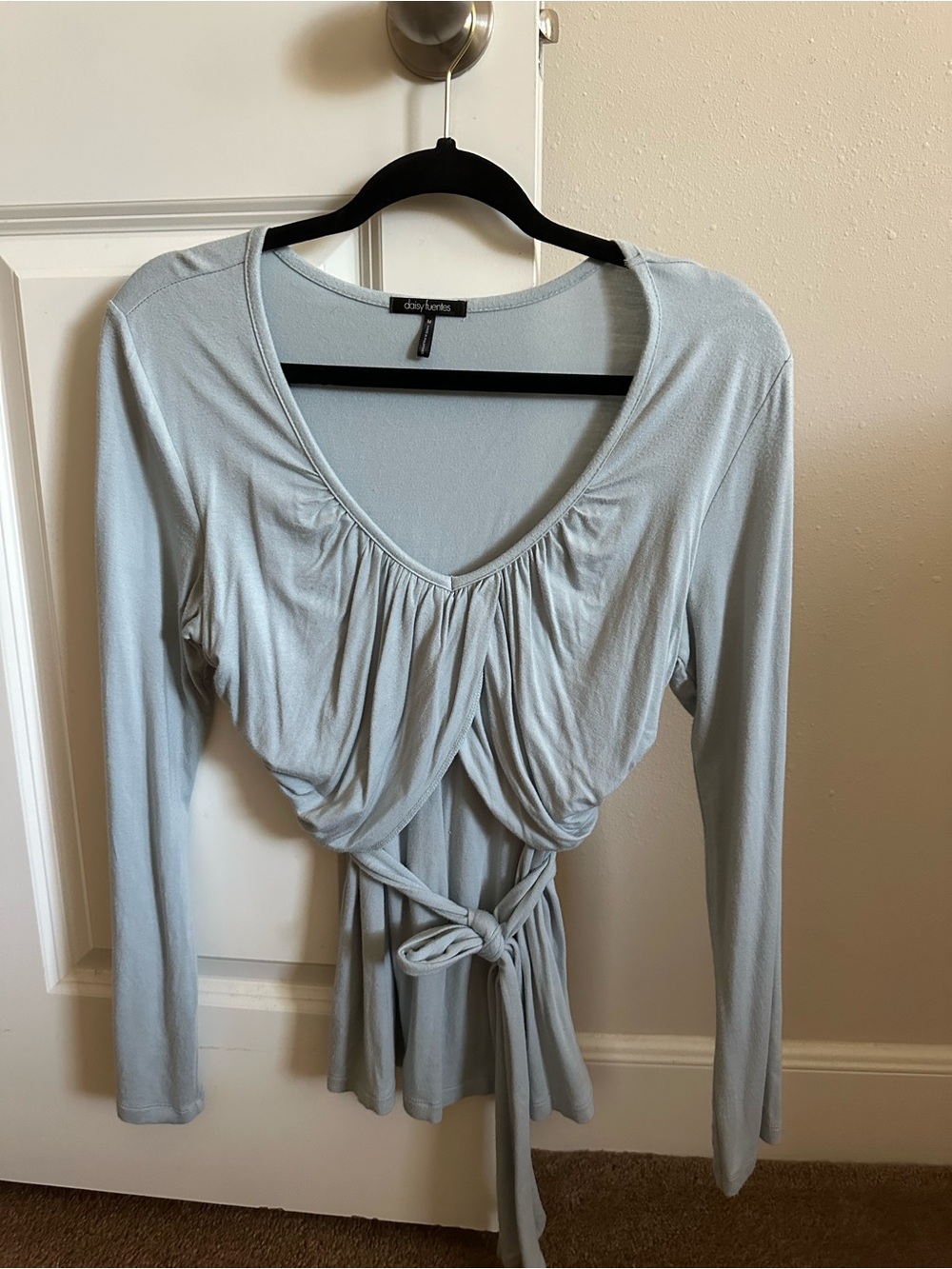 Daisy Fuentes Pale Blue Tie-Front Long Sleeve Top